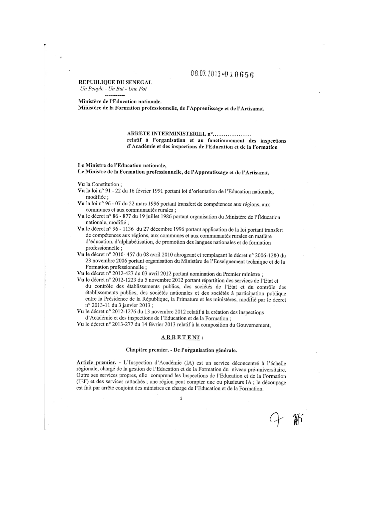 1sur9 arrt n010656 du 08 juillet 2013 relatif lorganisation et au fonctionnement des ia et ief 001